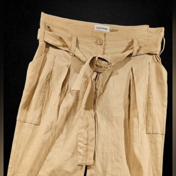 Calvin Klein SZ 4 Tan Paperbag Pleated Linen Blend Pant W/Belt & Utility Pockets - Picture 1 of 13